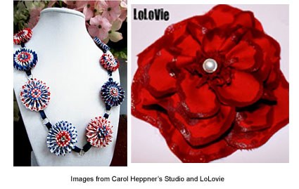 patriotic necklace from Carol Heppner and flower tutorial from LoLovie