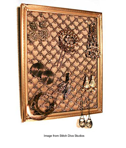 framed lace stretched over fabric to hold jewelry 