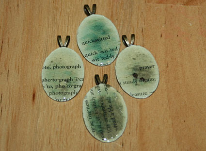 pendants made from dictionary pages