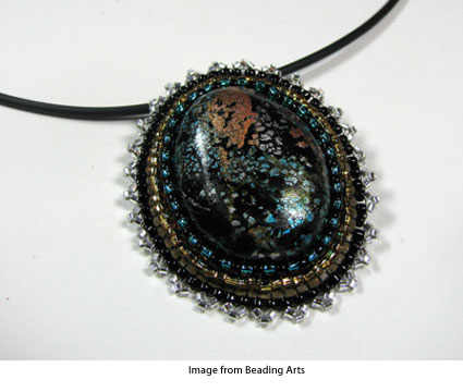 silver leaf polymer clay cabochon necklace with peyote stitch