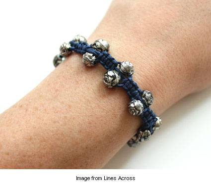 knotted hemp bracelet with silver rose beads by Rachel at Lines Across