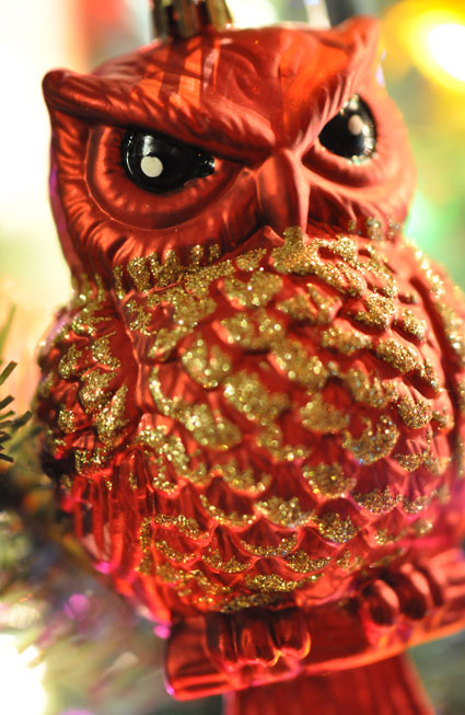 red glittered owl ornament