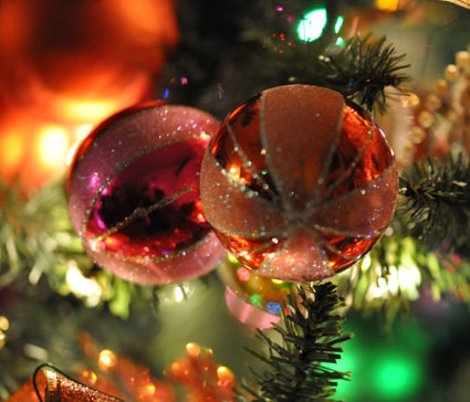 glittery ornaments in many colors