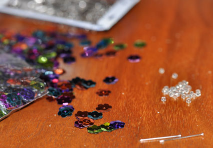 Sequins and pins make sparkly ornaments.