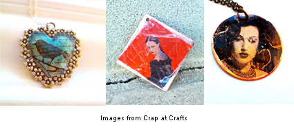 images transfered to jewelry using packing tape by Emily at Crap at Crafts